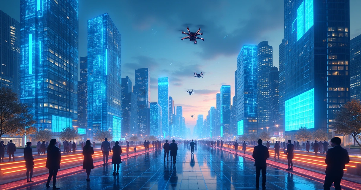 Cidade futurista com hologramas de IA integrados 