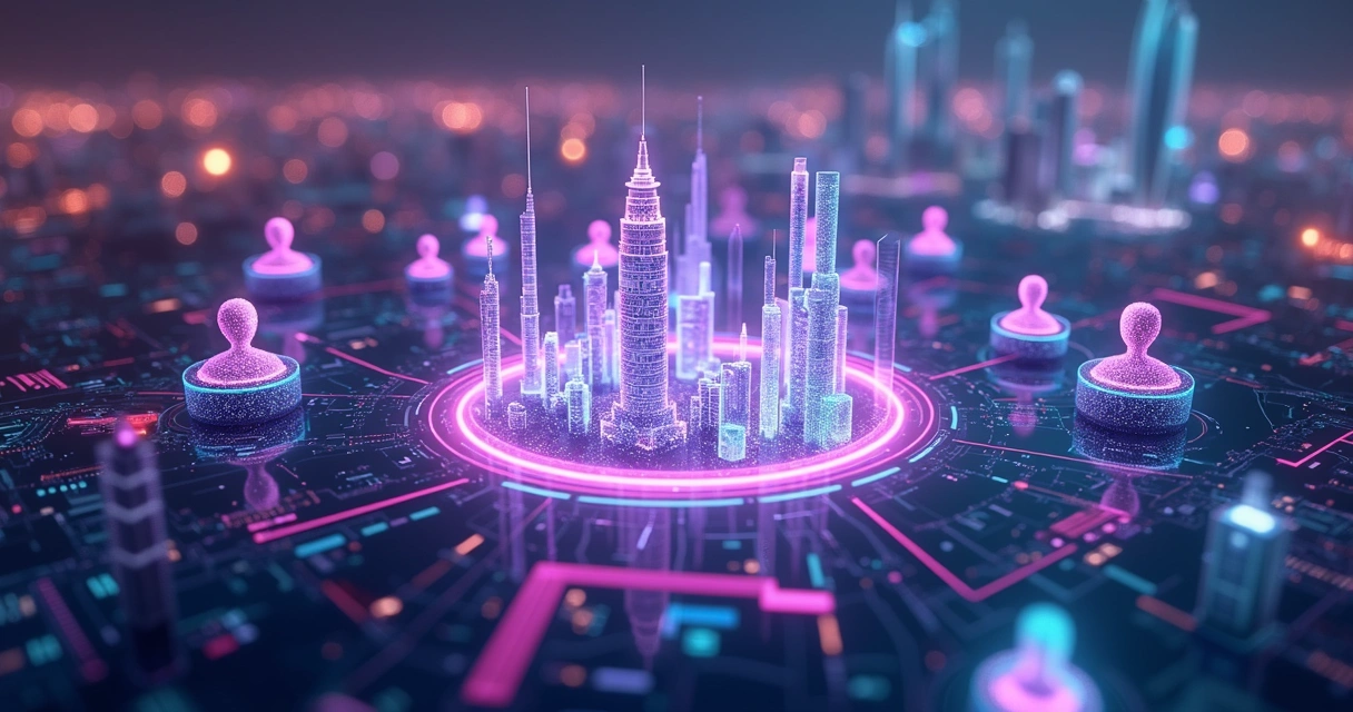 Cenário futurista com gráficos digitais e influenciadores