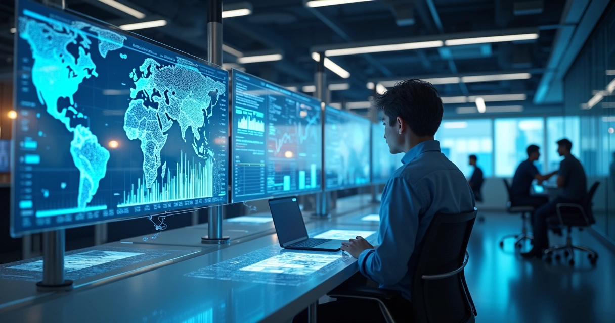 Visual futurista com dados digitais e IA analisando parâmetros de mercado 