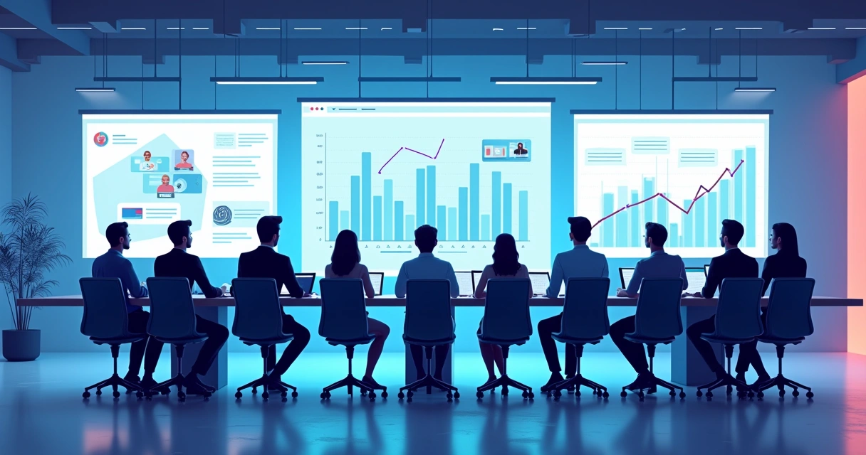 Equipe olhando para gráficos de crescimento e automação digital no futuro 