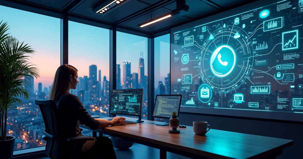 Painel com evoluções digitais, exemplos de integração de IA e WhatsApp