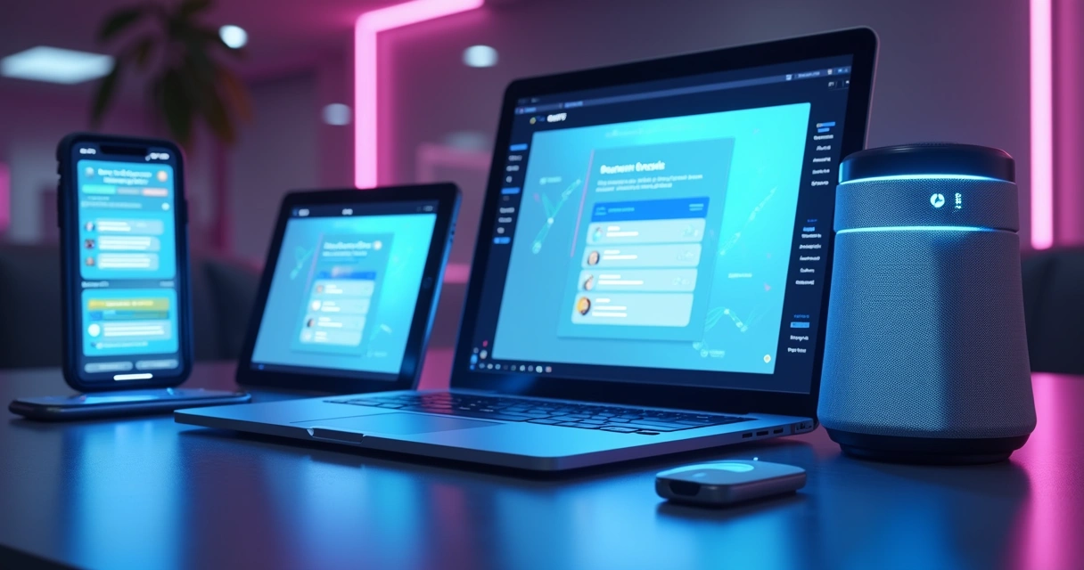 Cena futurista de atendimento com IA em vários dispositivos 