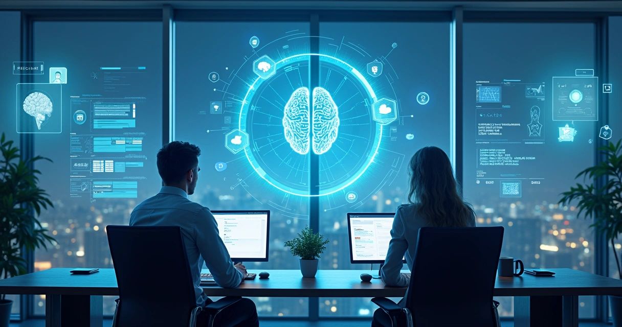 Visão futurista de recrutamento automatizado, com IA analisando currículos 
