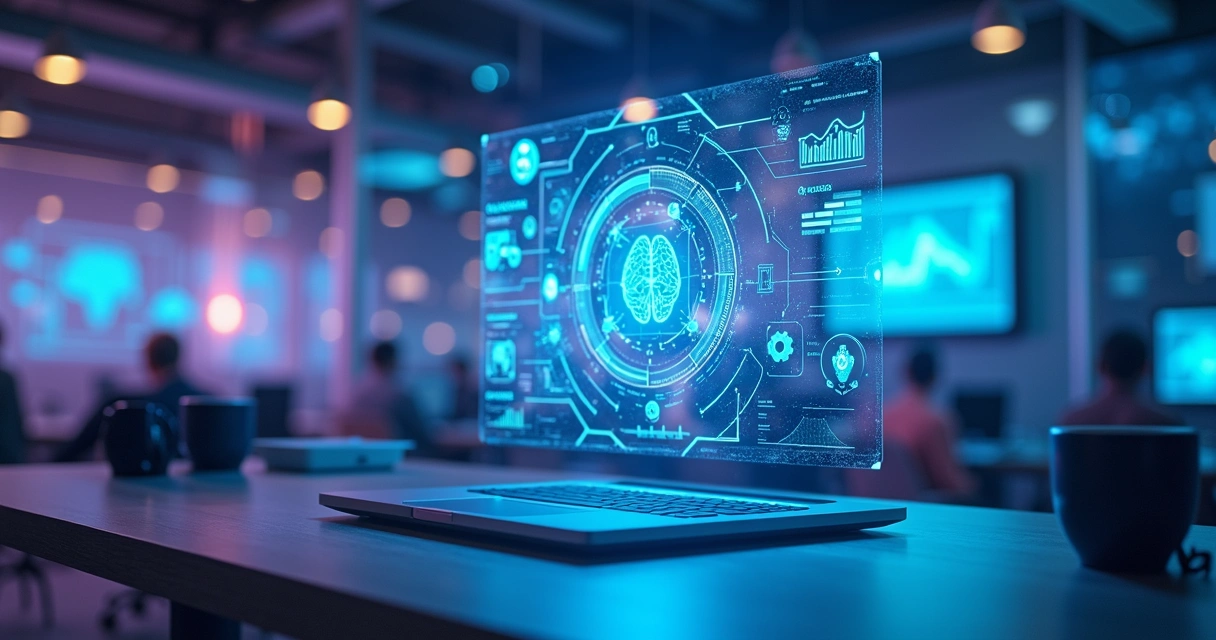 Visual futurista de marketing digital com gráficos e automações inteligentes 