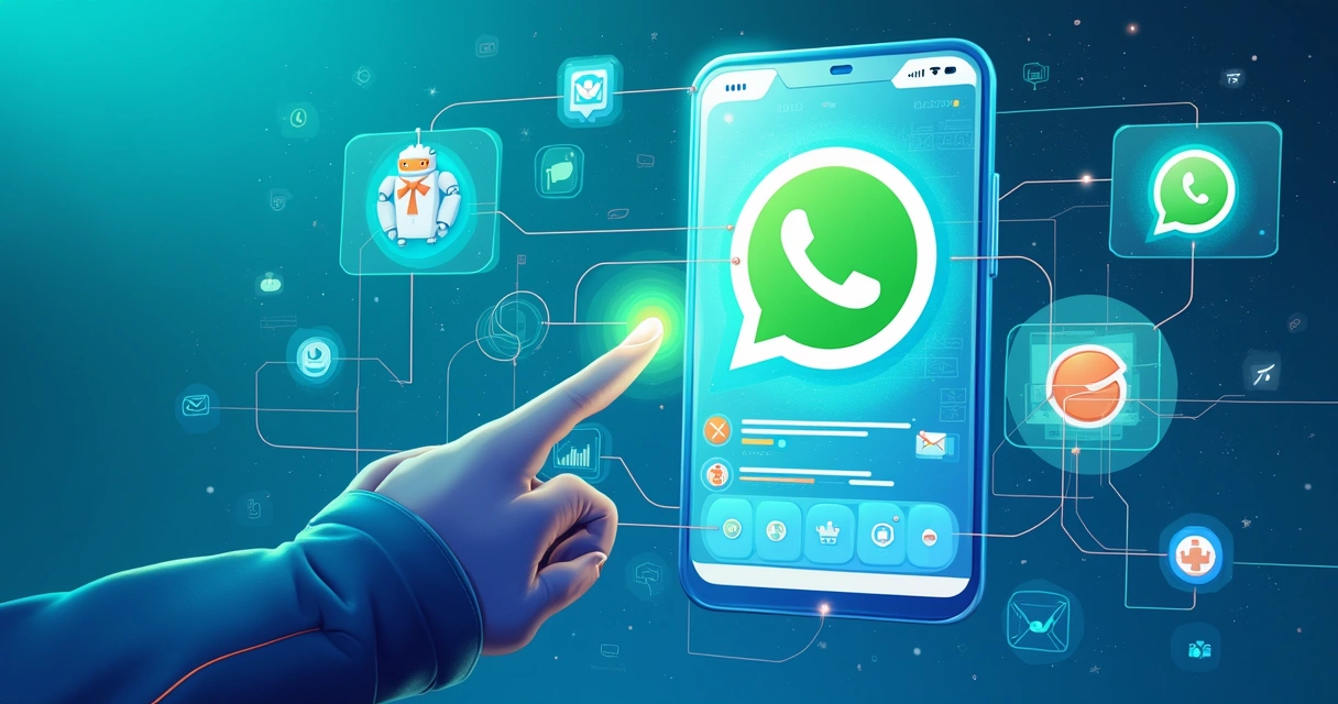 Representação futurista de WhatsApp com IA, chatbots e integrações 
