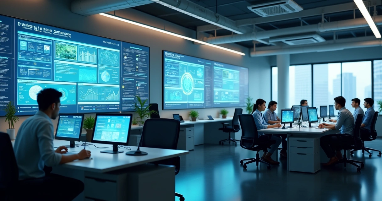 Ambiente empresarial moderno com dashboards digitais 