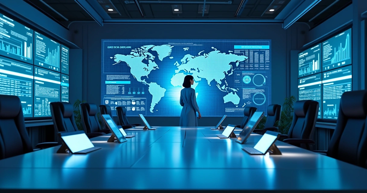 Painel futurista de dados, assistente virtual e dispositivos móveis conectados. 