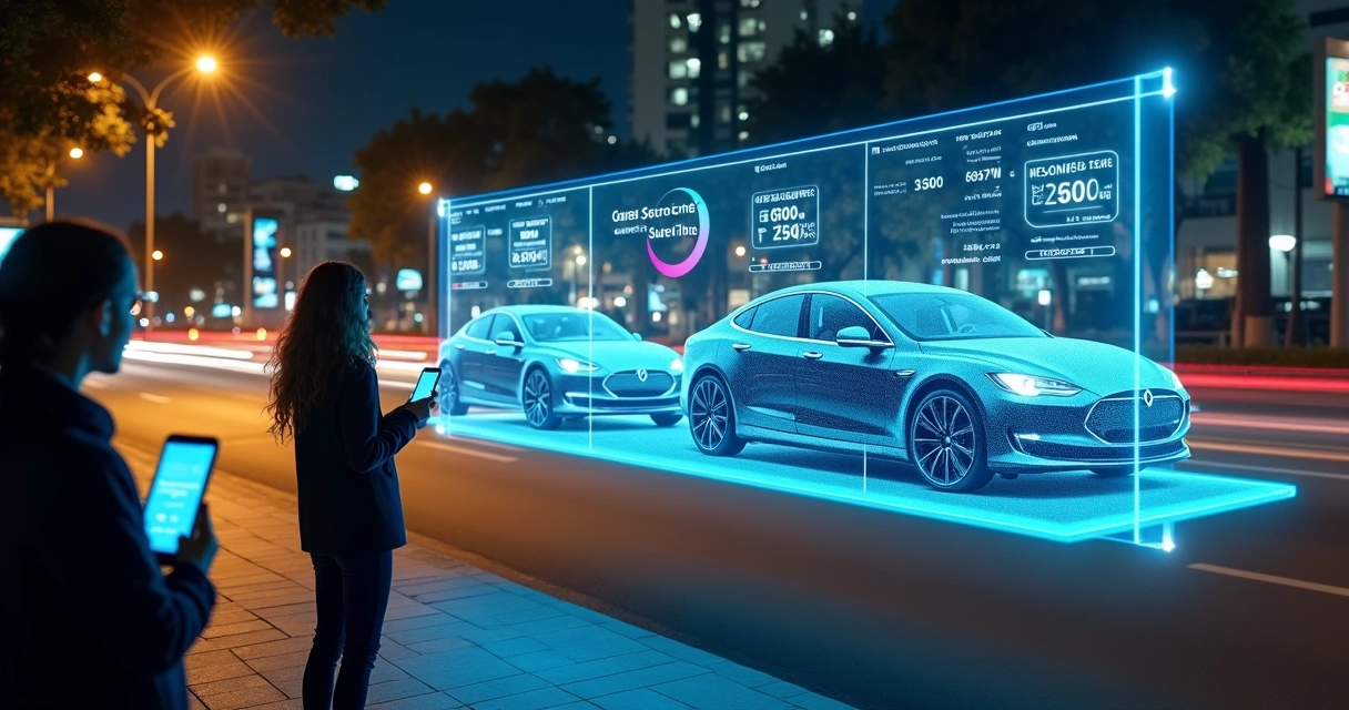 Carros em vitrine digital sobre avenida movimentada à noite 