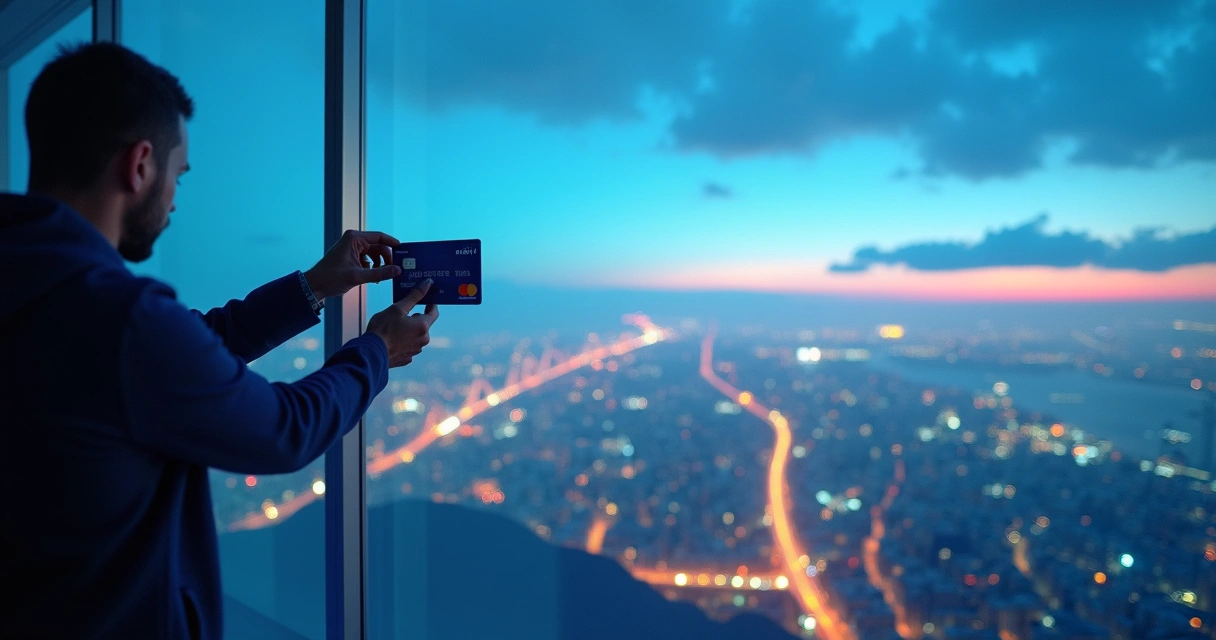 Homem olha para horizonte segurando cartão, gráficos de milhas ao fundo 