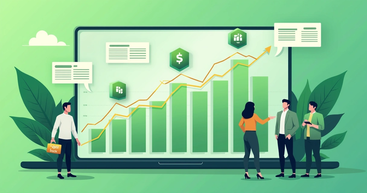 Interface de plataforma digital com gráficos e ícones de crescimento. 
