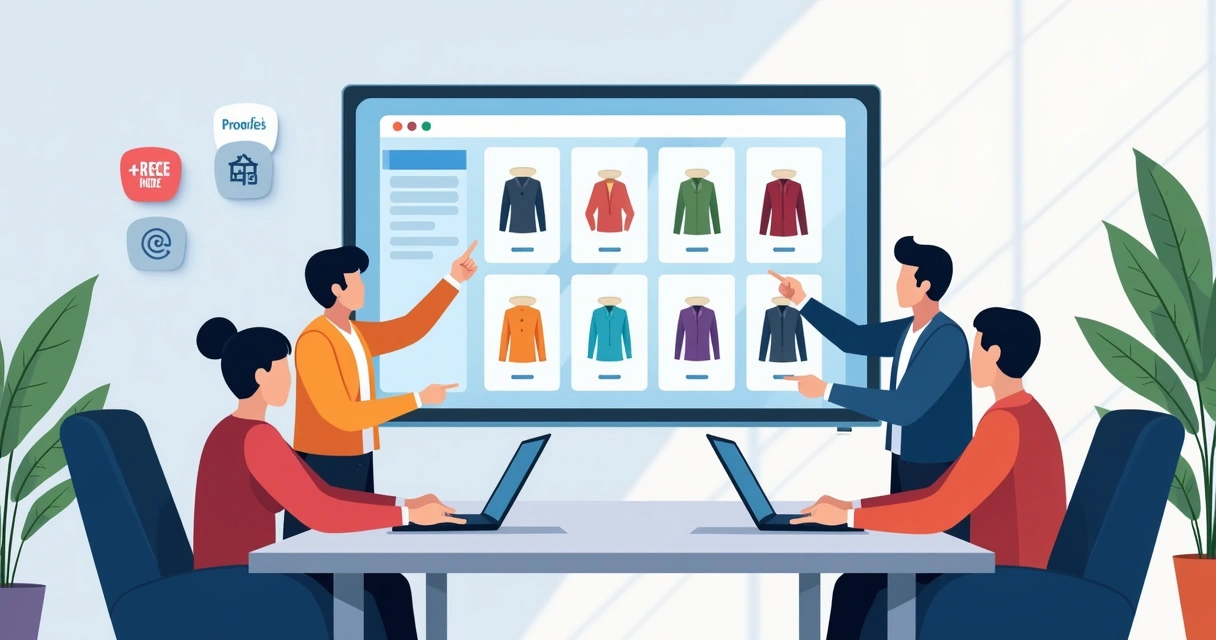 Reunião de equipe pequena discutindo catálogo digital na TV 