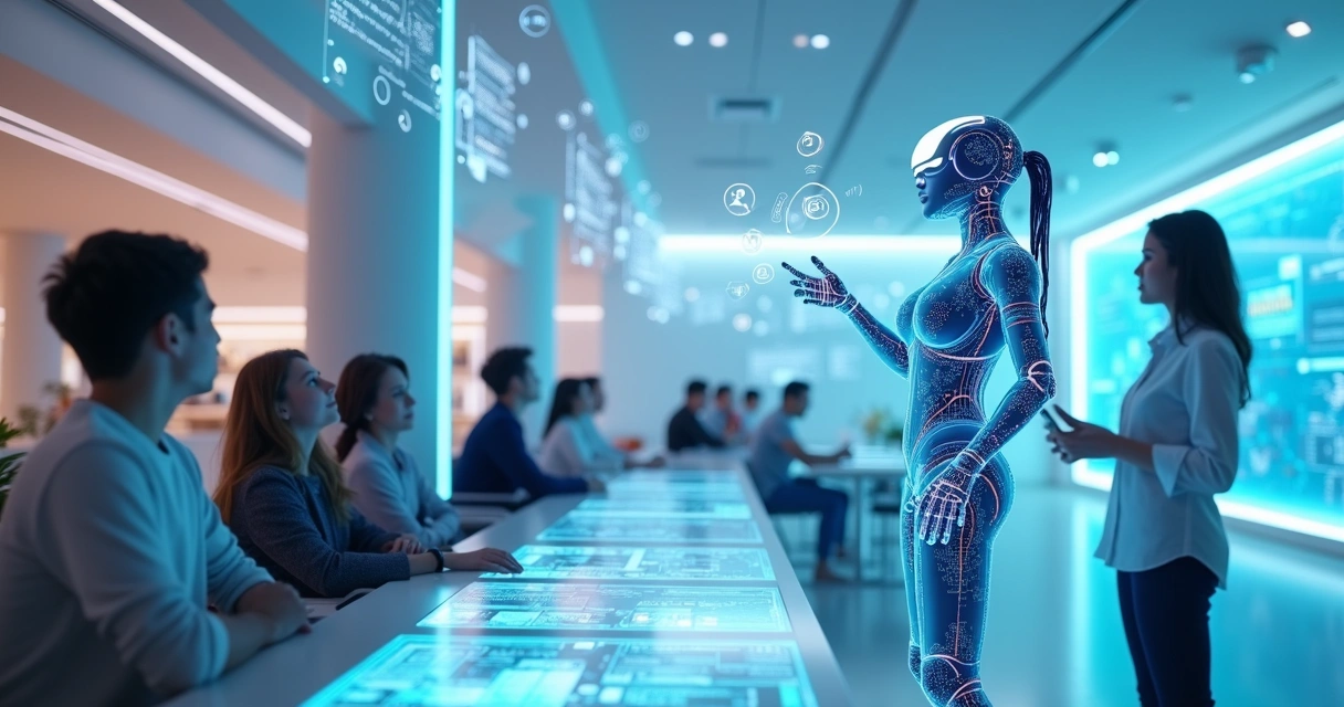 Ambiente futurista com chatbot interagindo com clientes em realidade aumentada 