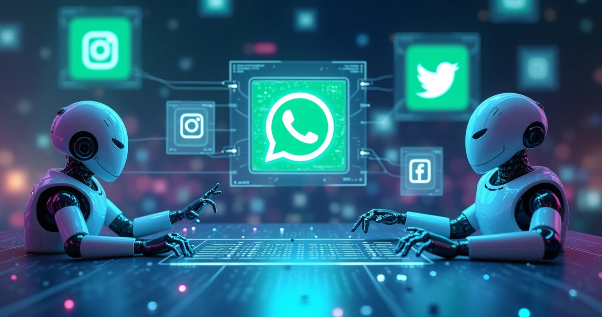 Representação futurista de integração de canais com robôs digitais e WhatsApp 