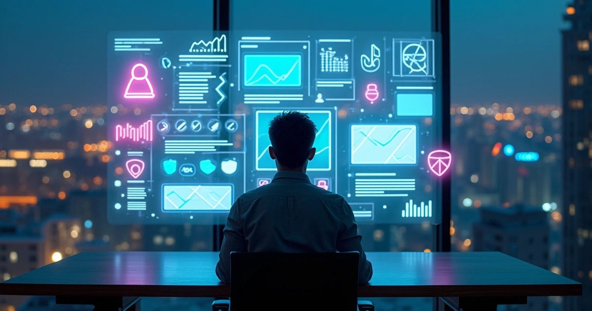 Empreendedor analisa telas de redes sociais e leis projetadas em um vidro digital 