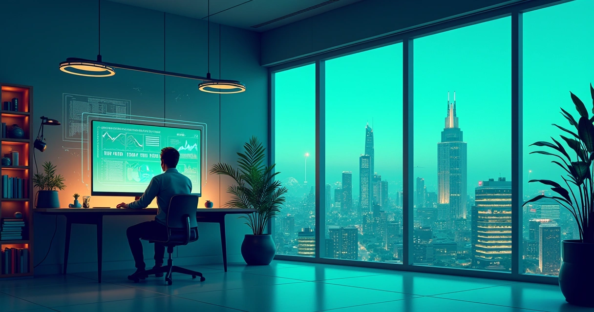 Contador em um escritório moderno usando tecnologia, holograma e robô assistente em um ambiente organizado e futurista.