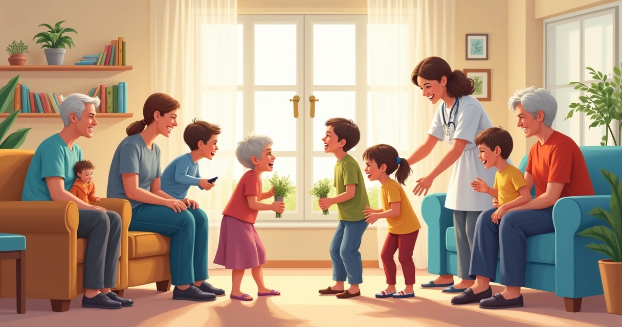 Diversas pessoas de várias idades conversando e sorrindo em sala de convivência 