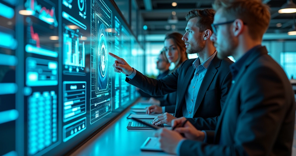 Visão futurista de profissionais analisando dados digitais 