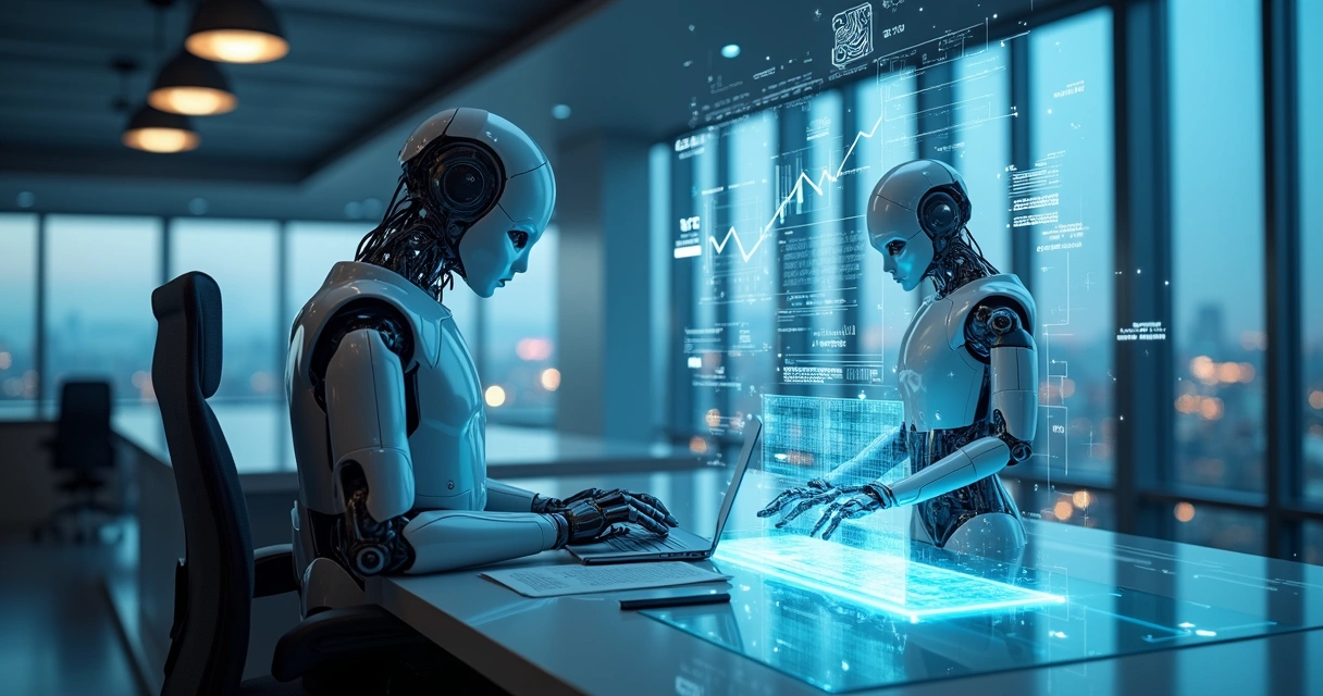 Ambiente futurista de contabilidade com tecnologia digital, hologramas, nuvem e robô ao fundo 