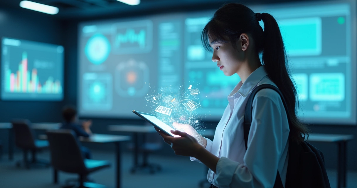 Futurista segurando tablet em ambiente educativo digitalizado