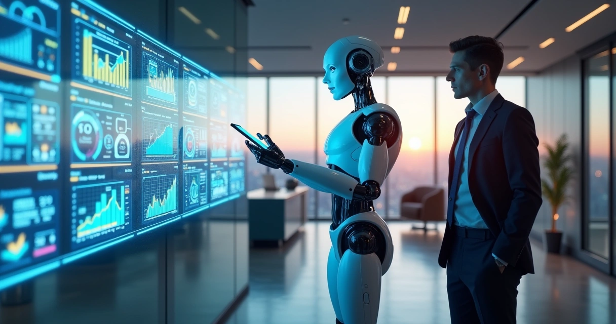 Representação realista de um robô interagindo com um executivo em um escritório moderno com telas digitais e gráficos de dados ao fundo 