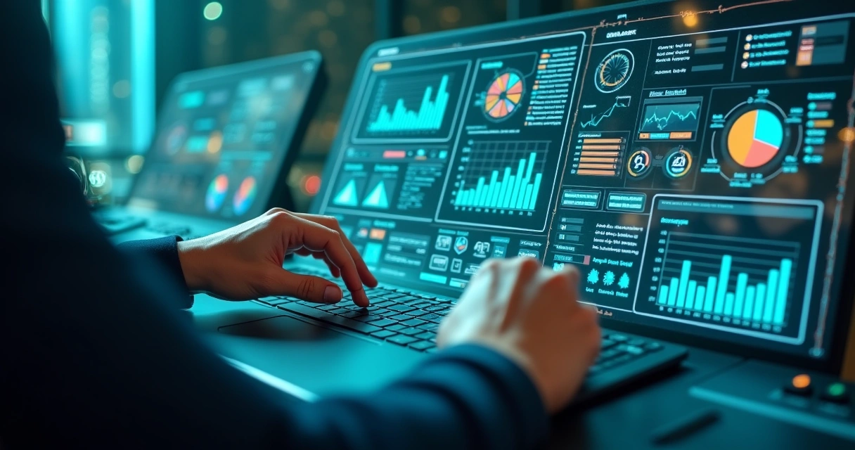 Painel futurista de prospecção B2B com gráficos e tendências digitais 