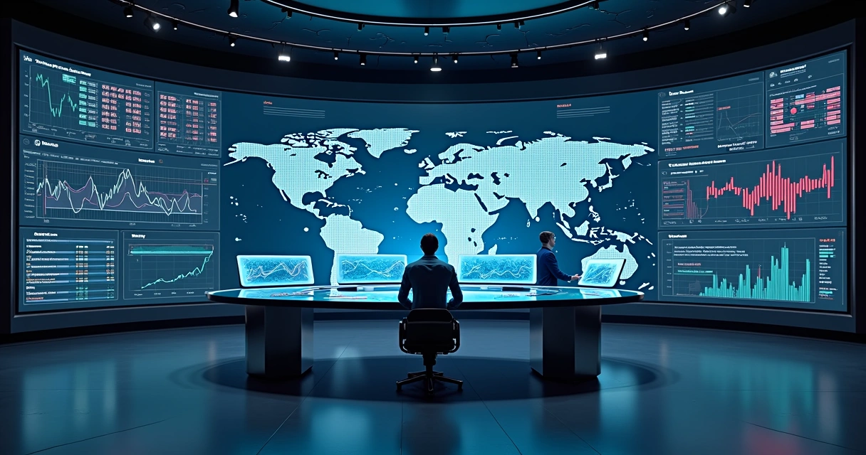 Painel futurista com mapa-múndi digital e avatares de IA analisando gráficos de criptomoedas 