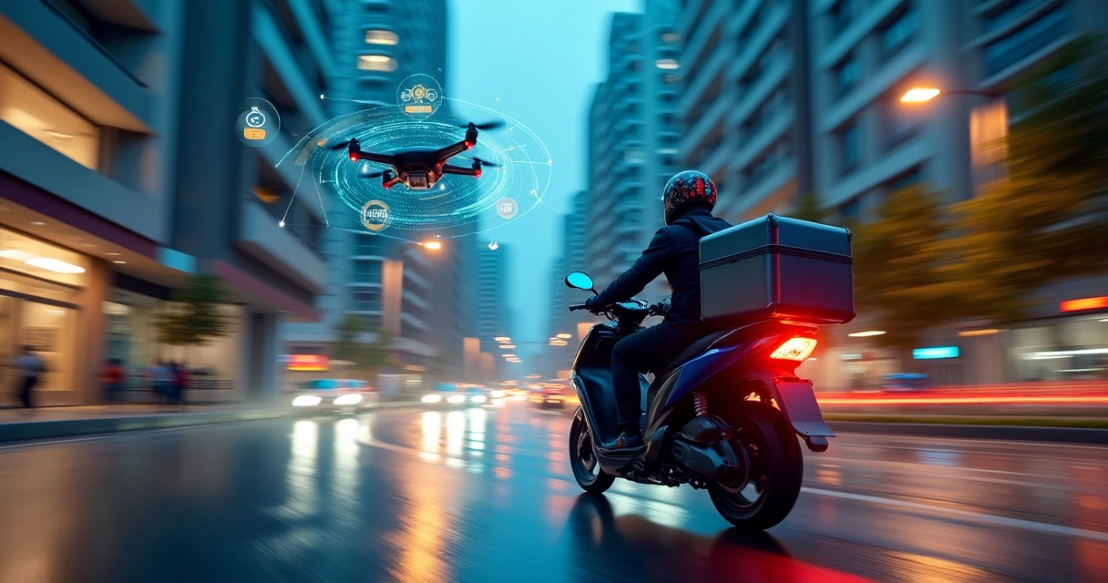 Motociclista e drone fazendo entrega rápida em avenida iluminada à noite 