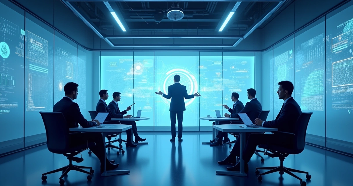 Sala de reunião jurídica futurista com advogados humanos e hologramas de sistemas de inteligência artificial 