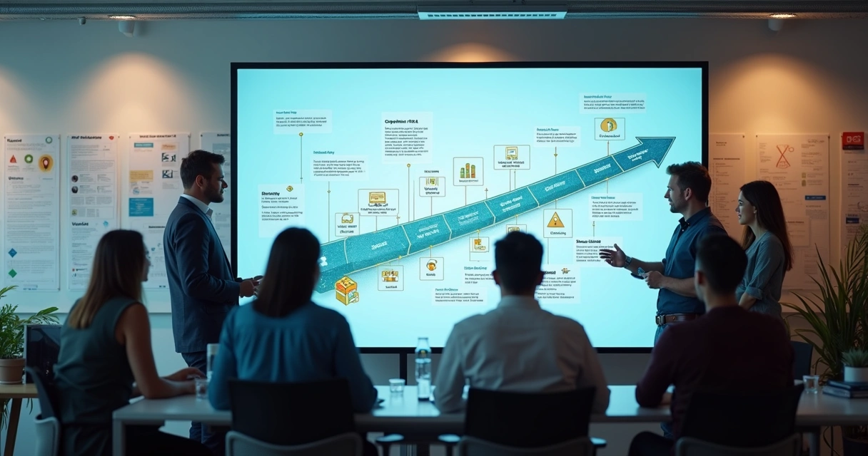 Equipe olhando tela com roadmap de futuro do EAD corporativo. 