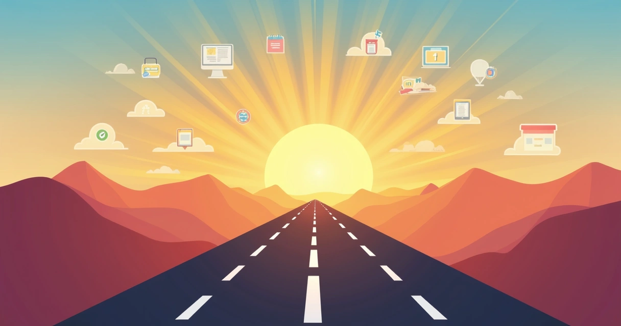 Estrada indo para horizonte com loja virtual e produtos digitais à frente 