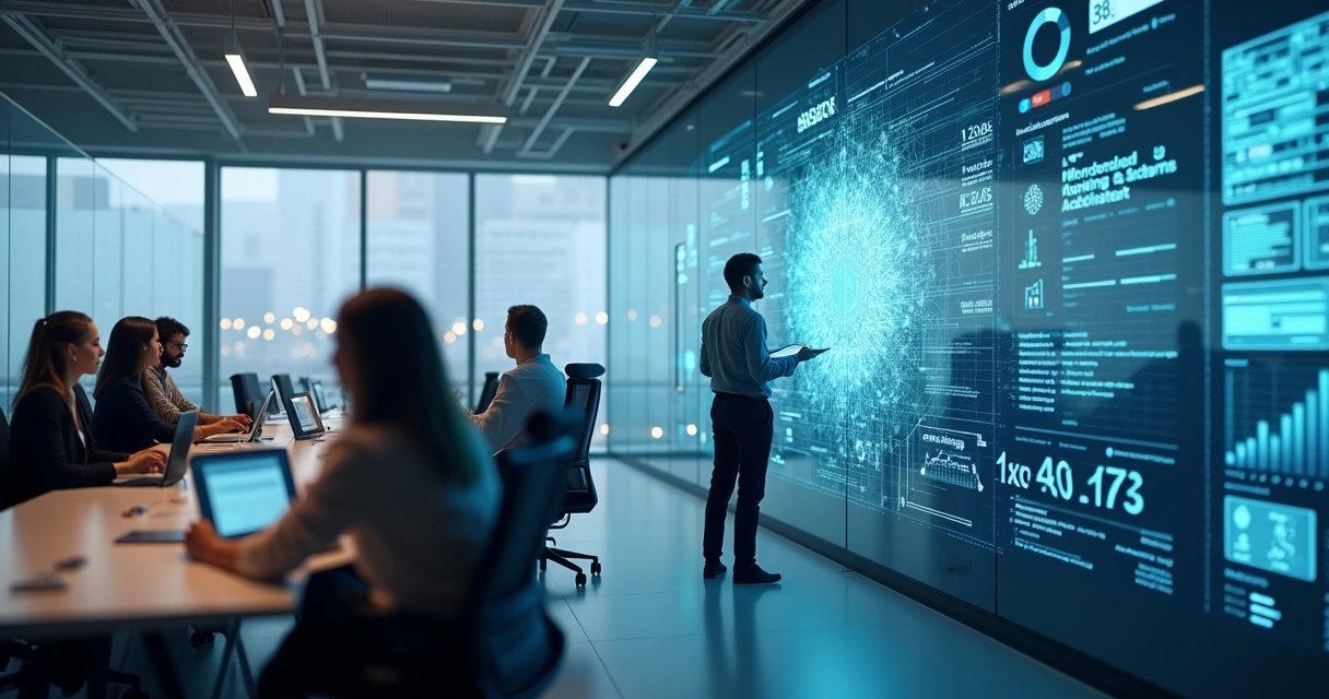 Colaboradores usando tecnologia avançada em ambiente moderno de trabalho 