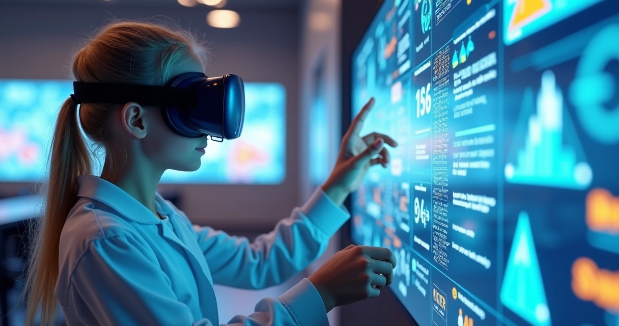 Aluno com óculos de realidade virtual em ambiente moderno 