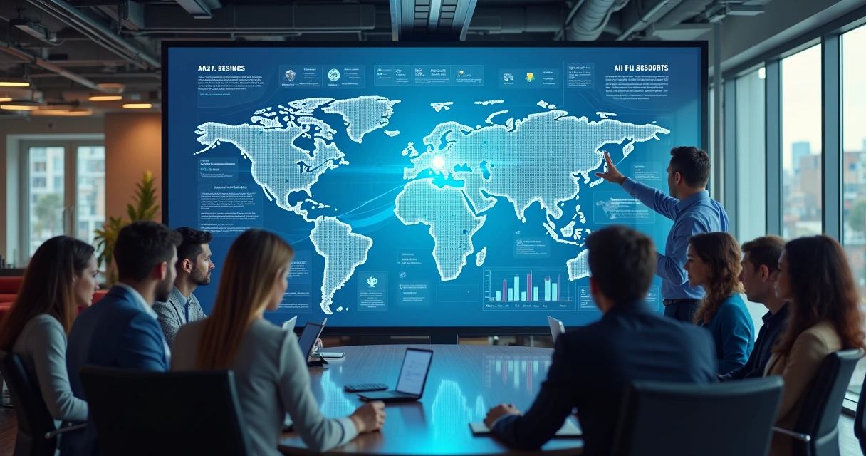 Executivos assistindo apresentação sobre IA no futuro dos negócios 