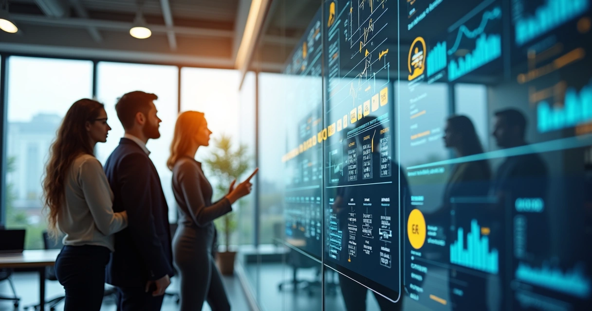 Equipe de negócios olhando para gráfico de tendências em parede de vidro, ambiente corporativo moderno 