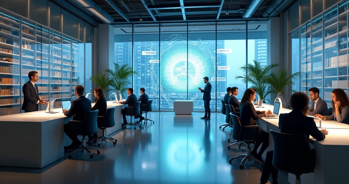 Escritório de advocacia moderno com tecnologia avançada de IA. 
