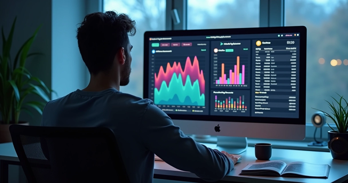 Pessoa analisando tela de computador com gráficos financeiros