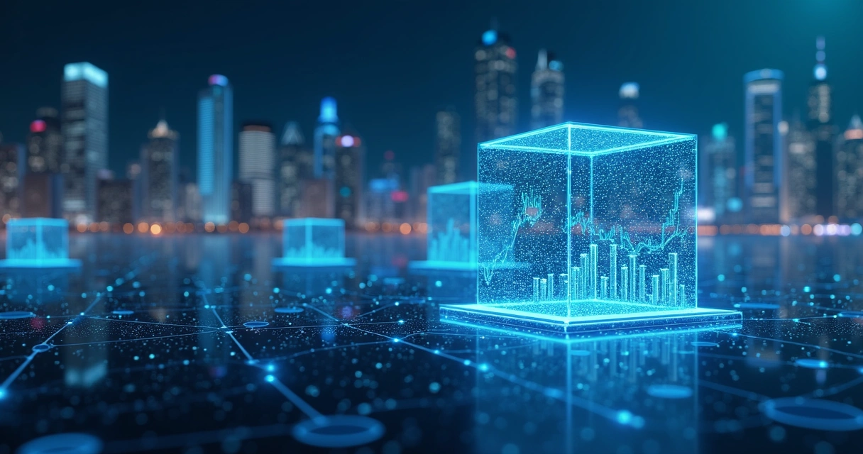 Ilustração futurista une IA, gráficos e blockchain em cenário financeiro 