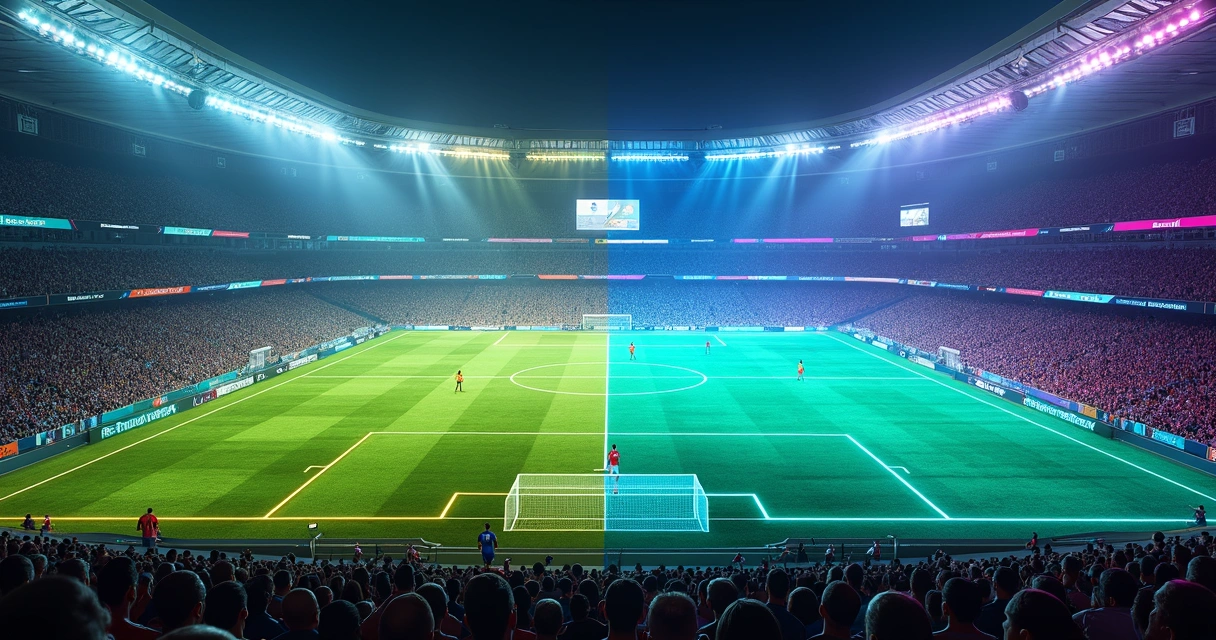 Estádio de futebol metade real metade digital com torcedores conectados por hologramas 