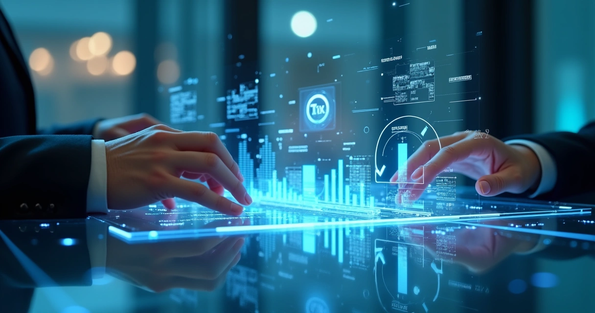 Ilustração futurista de painel de gestão fiscal com IA destacada 