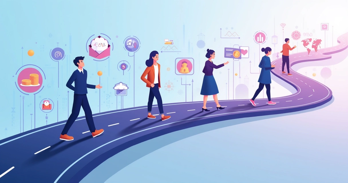 Caminho digital com ícones de IA e parceiros avançando juntos 