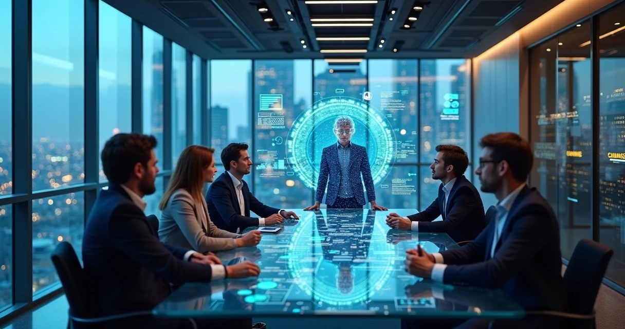 Visão futurista de IA colaborando com humanos na criação de conteúdo B2B 