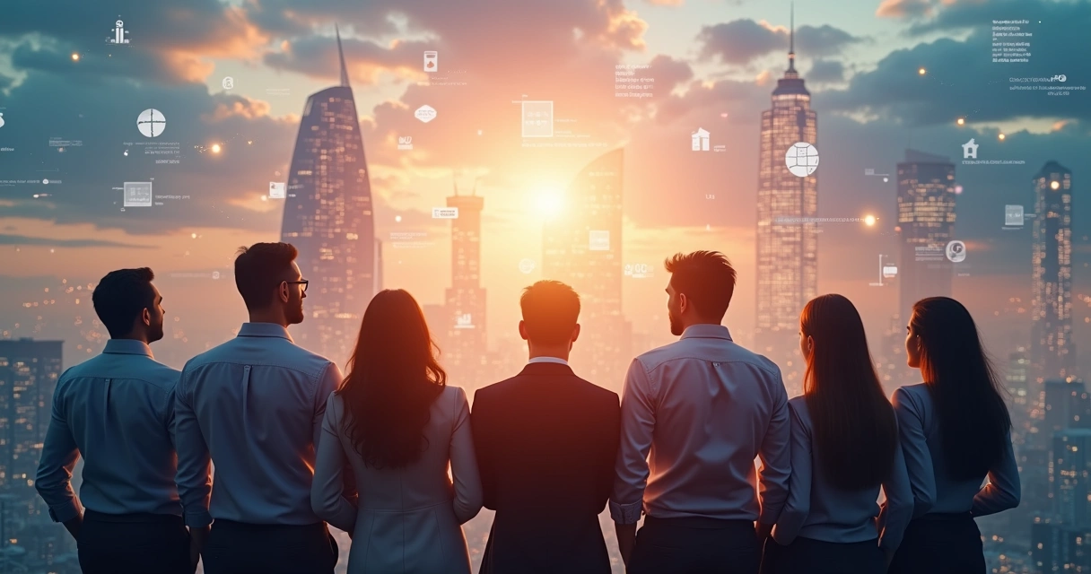 Equipe olhando para horizonte digital de escritórios e nuvens de dados, elementos de IA integrados 