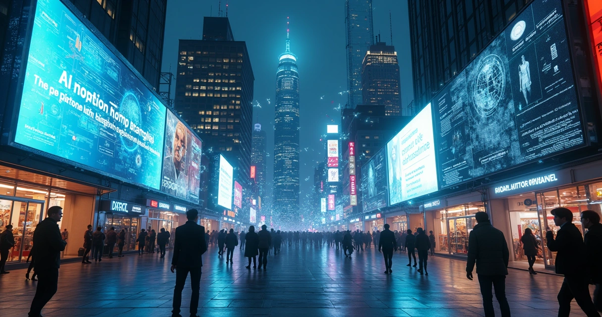 Cidade futurista iluminada mostrando integração entre IA generativa e cotidiano das pessoas 