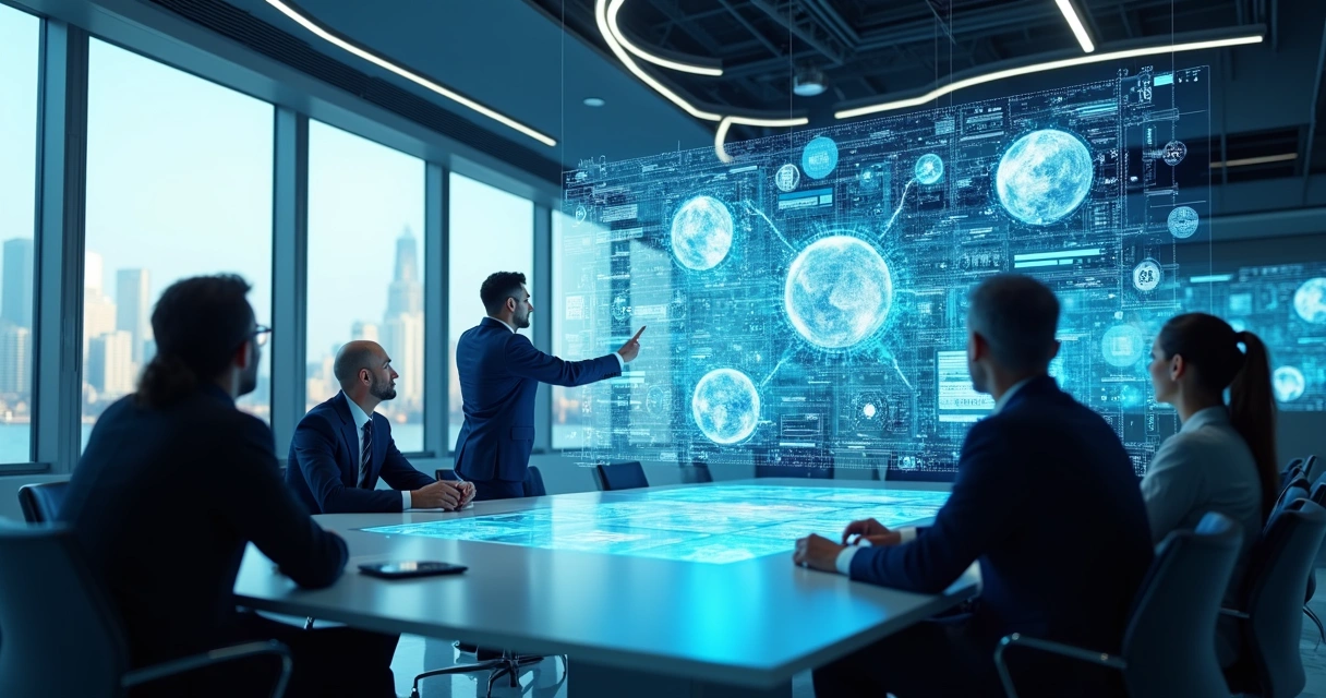Sala corporativa com holograma de IA e dashboards futuristas 