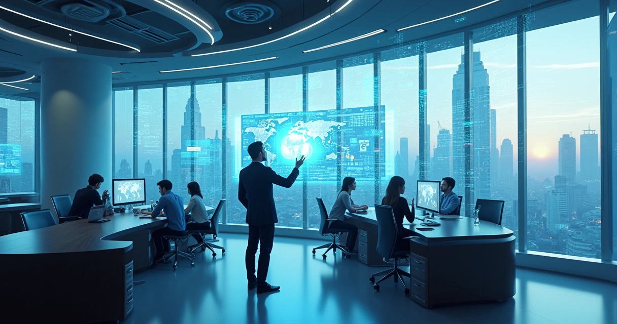 Visão futurista de escritório usando IA para processos empresariais 