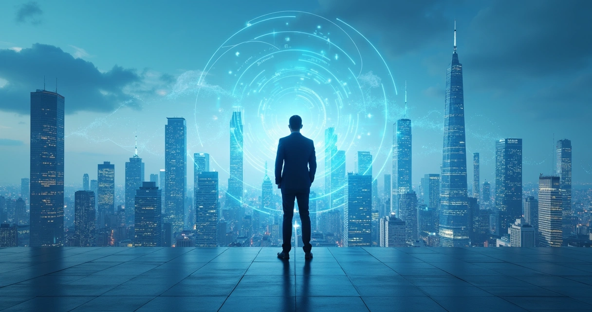 Empresário olhando horizonte digital futurista com gráficos e conexões digitais 