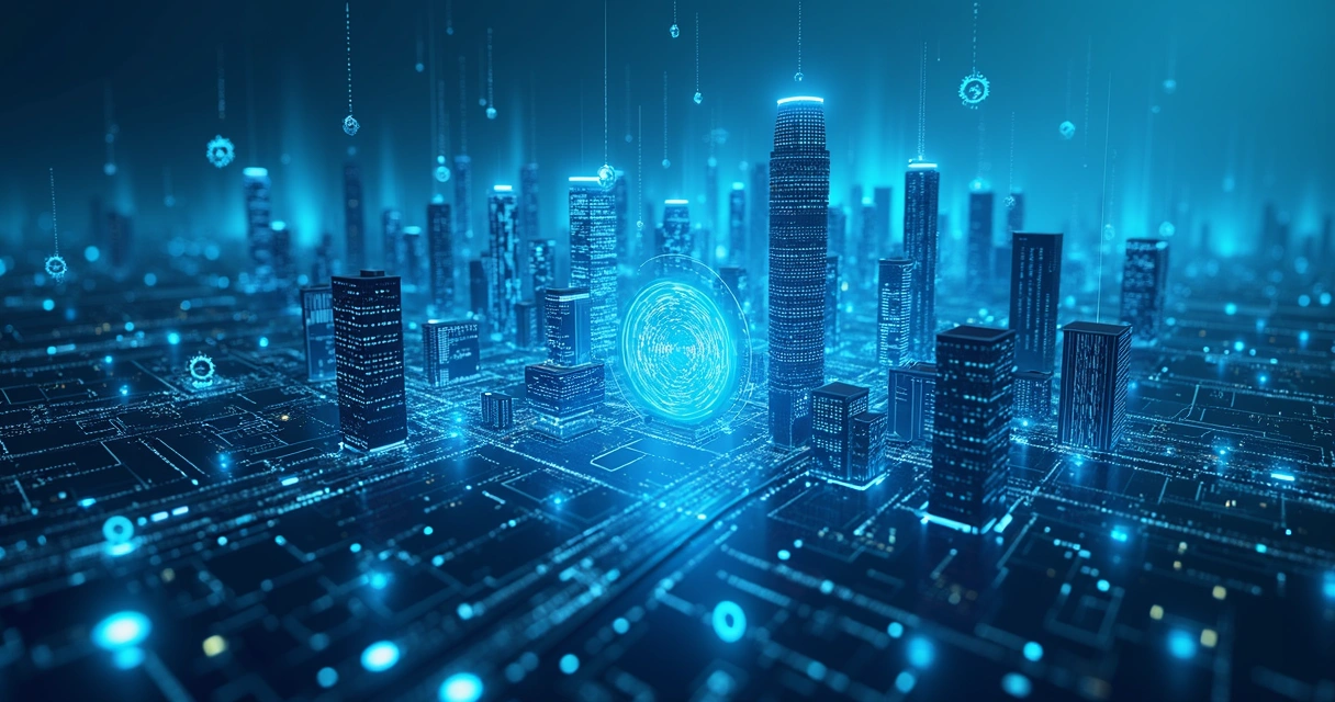 Conceito futurista de integração de APIs com inteligência de dados 