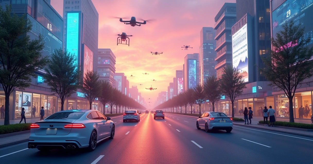 Cidade futurista com elementos de IA integrados ao cotidiano 