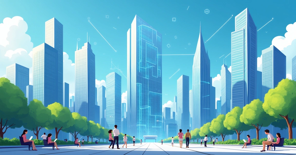 Cidade futurista com edifícios inteligentes conectados por linhas digitais de IA, céu azul claro 