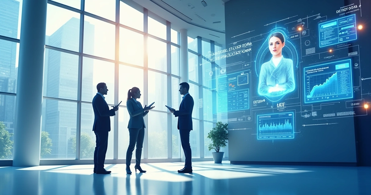 Ilustração de profissionais de tecnologia olhando para painéis digitais futuristas